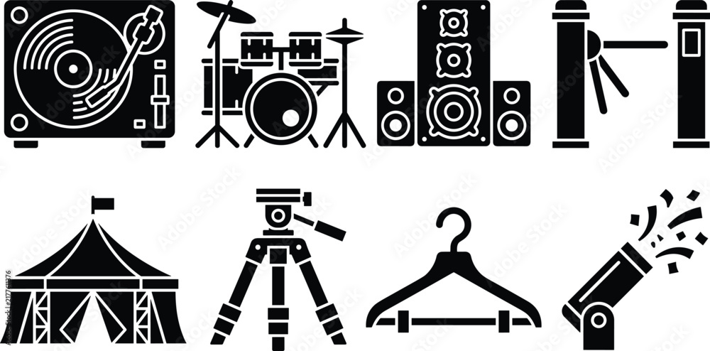 Naklejka premium Music Concert and Event Equipment Black Vector Icon Set Featuring Turntable Drum Kit Speaker Turnstile and Tent