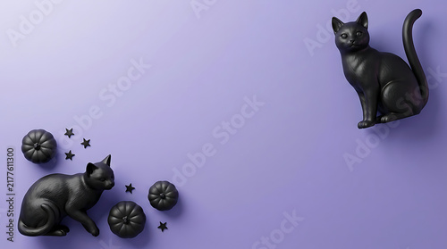 Two black cats sitting with small pumpkins on a soft purple background