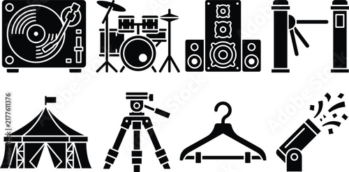 Music Concert and Event Equipment Black Vector Icon Set Featuring Turntable Drum Kit Speaker Turnstile and Tent