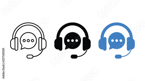 Headset with speech bubble icon set linear and filled variations