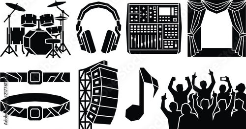 Music Concert and Event Production Black Vector Icon Set Featuring Drum Kit Headphones Sound Console Stage Curtains and Crowd