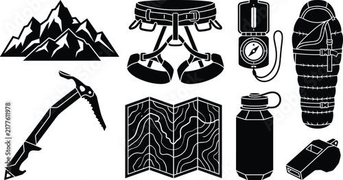 Outdoor Hiking and Mountaineering Equipment Vector Icon Set Featuring Climbing Harness, Sleeping Bag, Ice Axe, and Compass
