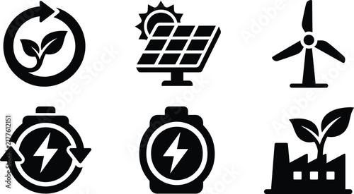 Renewable energy and green technology vector icon set featuring solar panel wind turbine leaves battery and eco factory