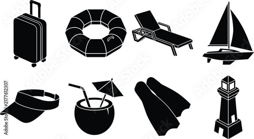 Summer Beach Vacation and Maritime Tourism Black Vector Icon Set Featuring Suitcase Sailboat Sun Lounger and Coconut Drink