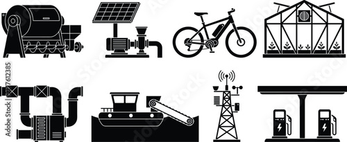 Sustainable Technology and Green Infrastructure Black Vector Icon Set Featuring Solar Water Pump Electric Bike Greenhouse and EV Charging