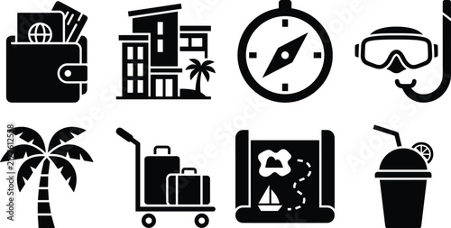 Travel and Summer Vacation Black Vector Icon Set Featuring Passport Resort Hotel Snorkel Mask Palm Tree and Map