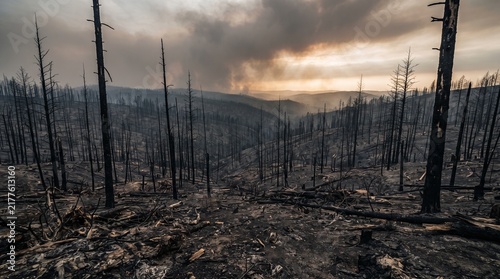 Fototapeta Dramatic forest fire aftermath with charred trees under smoky sky