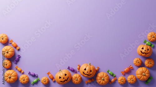 Cute Halloween pumpkins and candies on a purple background with copy space