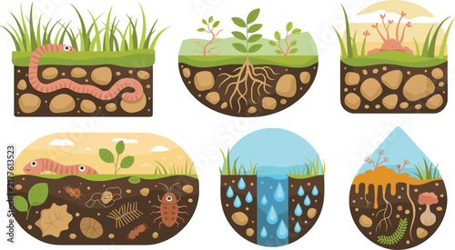 фотографія Soil layers and underground ecosystem vector icon set featuring earthworms plant