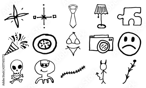 Set of simple black hand drawn doodle icons and sketches including shapes symbols objects and funny characters for design