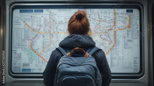Person looks at a transit map in a subway station while planning their route to a destination