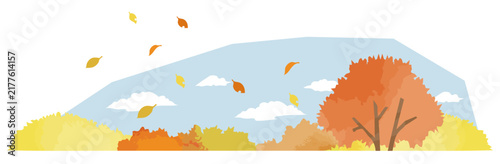 水彩風の秋の風景イラスト：紅葉・落ち葉が舞う木々と青空の背景・フレーム素材 / Watercolor Autumn Landscape Vector Illustration