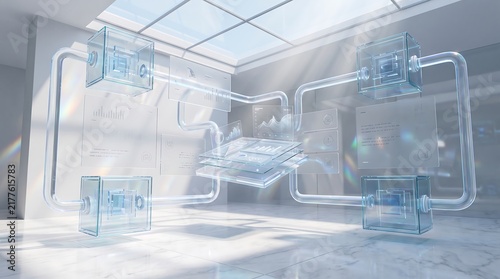 Futuristic conceptual background with translucent data cubes connected by light tubes and floating holographic information panels in clean white high tech virtual room.