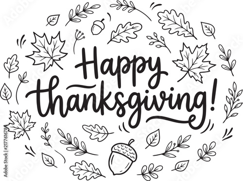 Happy Thanksgiving text with autumn leaves and acorns in a decorative oval shape