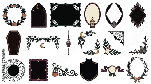 Halloween Vintage Halloween decorative elements and spooky design set. Dark gothic frames, tombstones, and pumpkins. Witchcraft symbols, festive borders