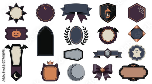 Halloween Halloween Vector Frames Set. Spooky Banners, Tombstones, Crescent Moon, Ghost Icon, Vampire Wings, Pumpkin Badge, Graveyard Illustrations for Night Holiday Design. Editable EPS
