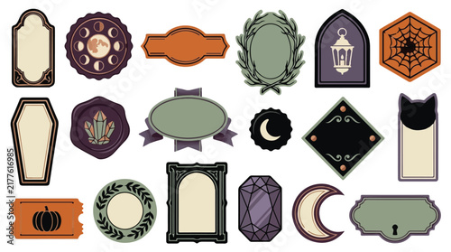 Halloween Vintage Halloween Badges and Labels Set. Retro Spooky Frames, Pumpkins, Cozy Magic Borders. Witchy Mason Jar, Tombstone, Coffin Silhouettes. Autumn Banner Elements. Editable EPS