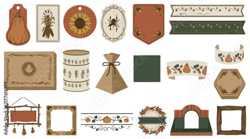 Halloween rustic vintage autumn tags collection; harvest and fall label set; nature inspired embellishments; organic shapes and frames; sunflower and pumpkin design; handmade style vector