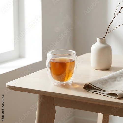 Clear glass cup with hot tea on a wooden table near a window with a small vase.  double walled mug