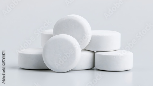 A stack of plain white round tablets isolated on white background. Useful for medical health care, pharmacy, and pharmaceutical industry product advertisements.