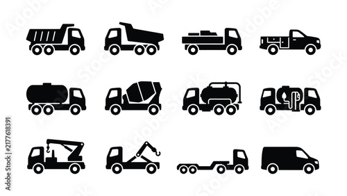 Set of twelve different construction and utility vehicles icons transparent background