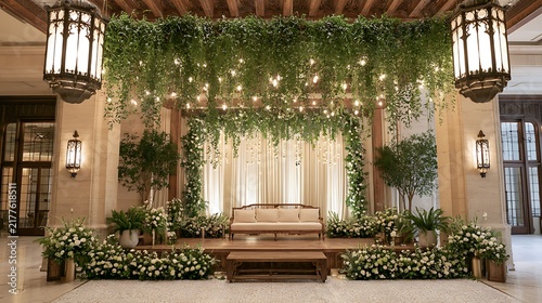 A lavish wedding stage decorated with hanging greenery and flowers in a grand hall. This elegant setup is perfect for luxury event planning and celebrations.