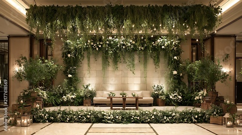 A luxury wedding stage decorated with lush greenery, fairy lights, and white roses. Perfect for elegant event planning and romantic reception inspiration.