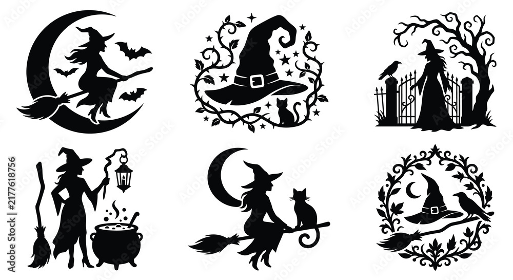 Fototapeta premium Witch and halloween elements depicted as a black silhouette