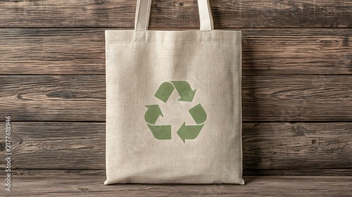 A burlap tote bag with a recycling symbol printed on it against a wooden background. Ideal for eco-friendly branding and sustainable lifestyle concepts.