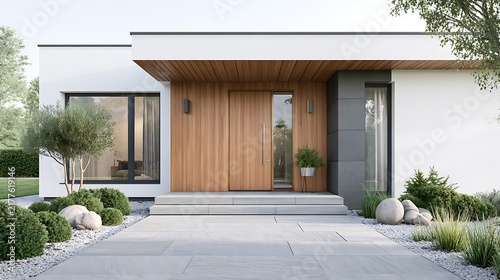 Modern luxury house exterior with a stylish wooden front door and stone path. Ideal for real estate marketing and architectural design projects.