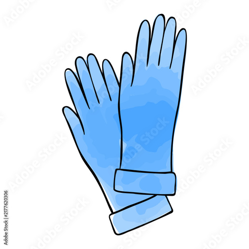 Vector clip art of latex cleaning gloves with blue watercolor stains. Minimalist illustration of healthcare accessory for poster,  services, apps, or print. 
