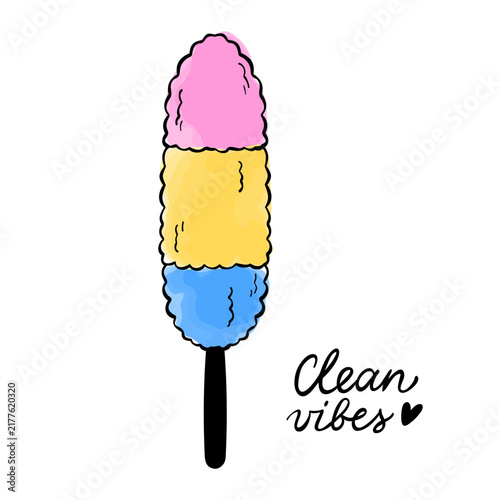 Vector clip art of feather duster with colorful watercolor stains. Minimalist illustration of household cleaning accessory for poster, web, services, apps, or print. 