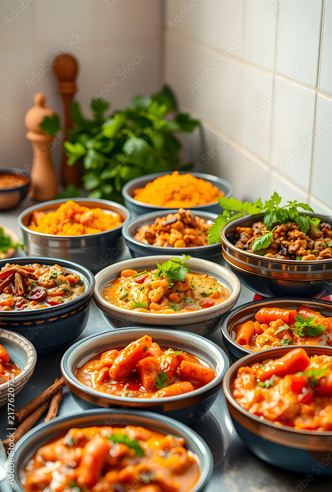 Fototapeta premium Healthy meal preparation and nutrition, variety of homemade vegetable stews and nutritious bowls in a home kitchen for family dining and wellness