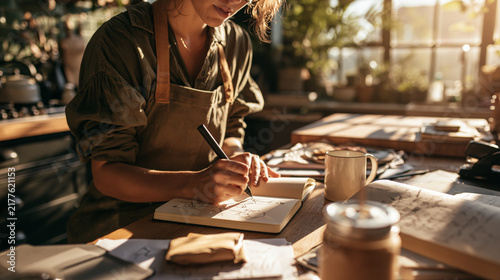 Creative Work and Planning: A woman focused on her craft, journaling and planning in a sunlit studio, surrounded by inspiration and tools of her trade.