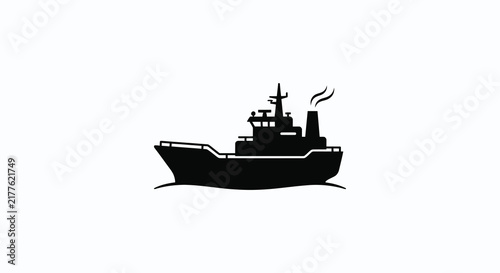 Black silhouette of a cargo ship against a white background depicts maritime transport