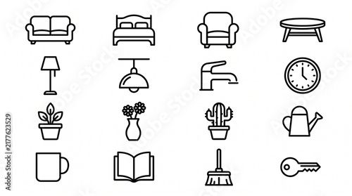 Household icons — furniture, décor, and cleaning tools arranged in a minimalist grid, symbolizing everyday home life and organization in simple black line style.