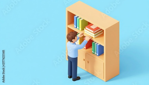 Isometric 3D of a male teacher placing books on a shelf in a classroom cabinet
