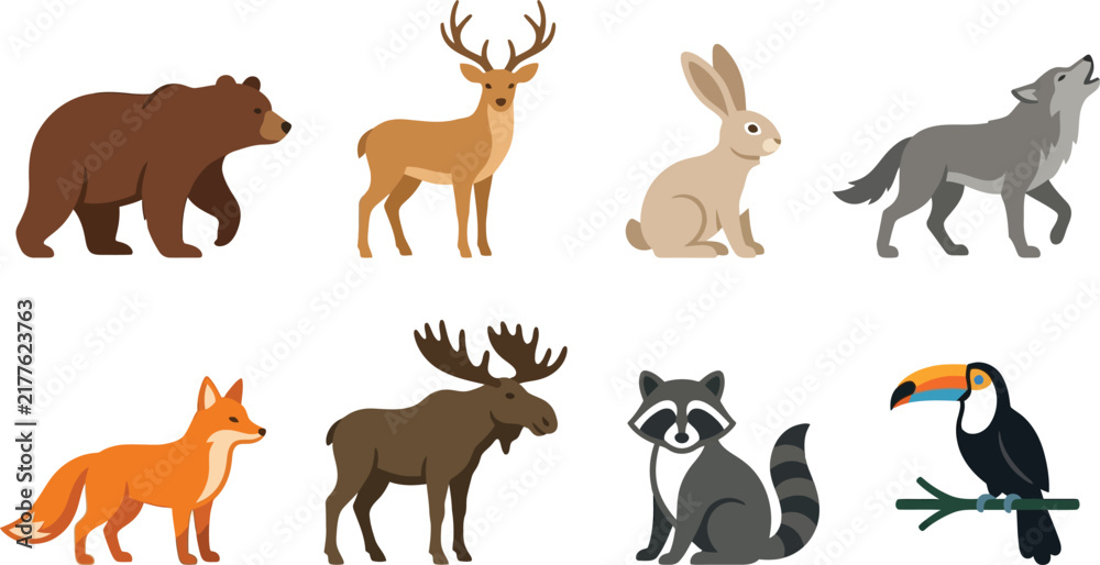 Obraz premium Set of wild animals including bear deer rabbit wolf fox moose raccoon and toucan isolated on a transparent background