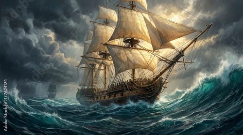 Majestic historic tall ship navigating rough waves in a stormy ocean sea.