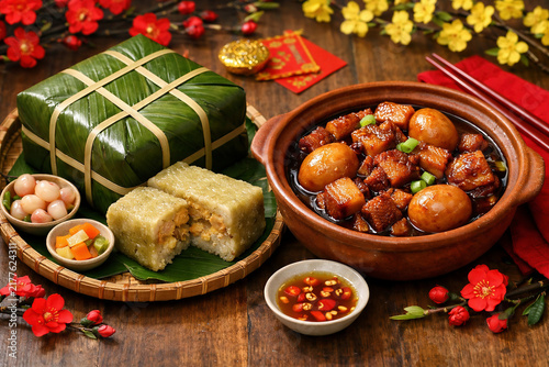 Traditional Vietnamese Tet feast featuring banh chung, braised pork with eggs, pickled vegetables, and festive Lunar New Year decorations.