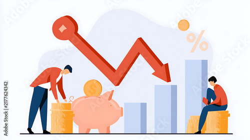 Business crisis concept with people, piggy bank, falling chart arrow, and financial loss statistics in flat vector illustration design