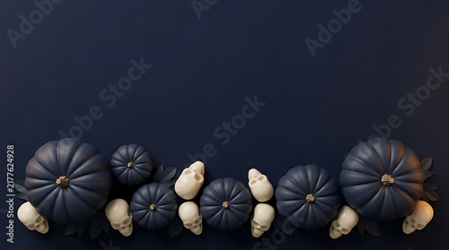 Dark blue pumpkins and small white ghost decorations arranged in a row for a modern Halloween holiday flat lay composition