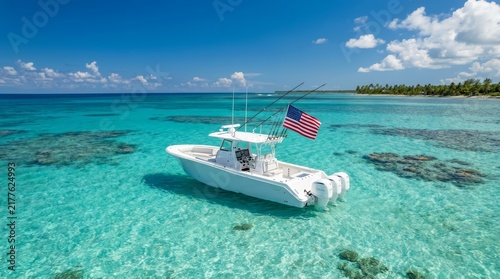 A center console fishing boat with an American flag floating in crystal clear turquoise ocean water.