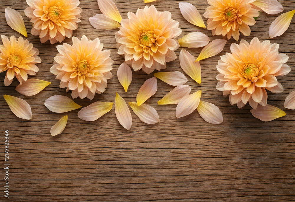 Obraz premium Wellness and spa background, soft peach dahlia flowers and scattered petals on rustic dark wooden texture for organic beauty and skincare branding