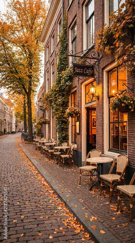 Charming European cobblestone street lined with cozy cafés, historic architecture, and golden autumn foliage glowing in warm evening light.