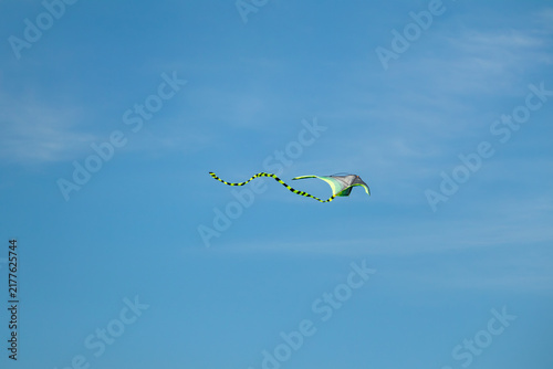 Fotografie Close-up view of black and green kite with colorful pattern flying in blue sky