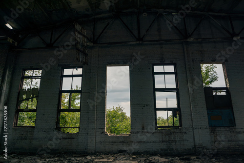 Interior of abandoned airplane hangar with broken windows framing lush greenery outside, contrasting decay with nature
