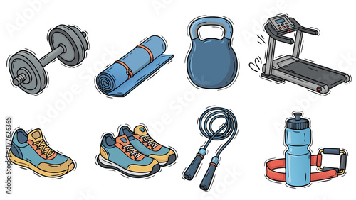 Collection of colorful cartoon fitness equipment for a healthy lifestyle