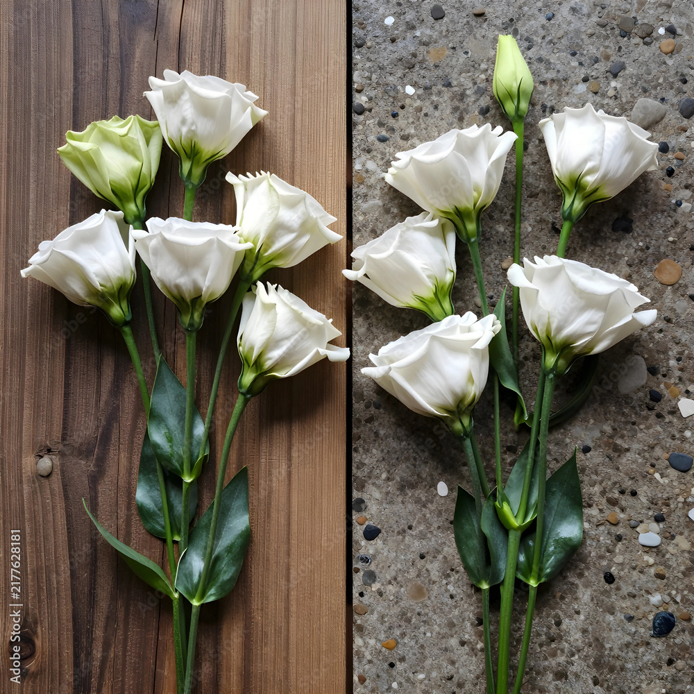Obraz premium Wedding floral arrangement and interior design, white eustoma flowers on contrasting wood and stone textures for elegant home decor and event styling