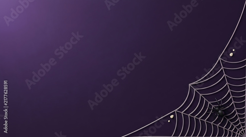 A detailed spider web hanging in the dark with a soft purple light glow on the side